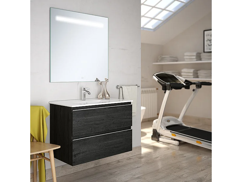 Meuble de salle de bain simple vasque - 2 tiroirs - BALEA et miroir Led STAM - ebony (bois noir) - 100cm
