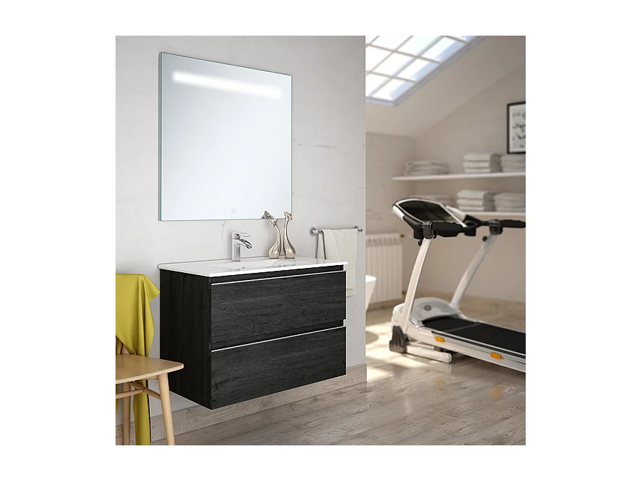 Meuble de salle de bain simple vasque - 2 tiroirs - BALEA et miroir Led STAM - ebony (bois noir) - 100cm