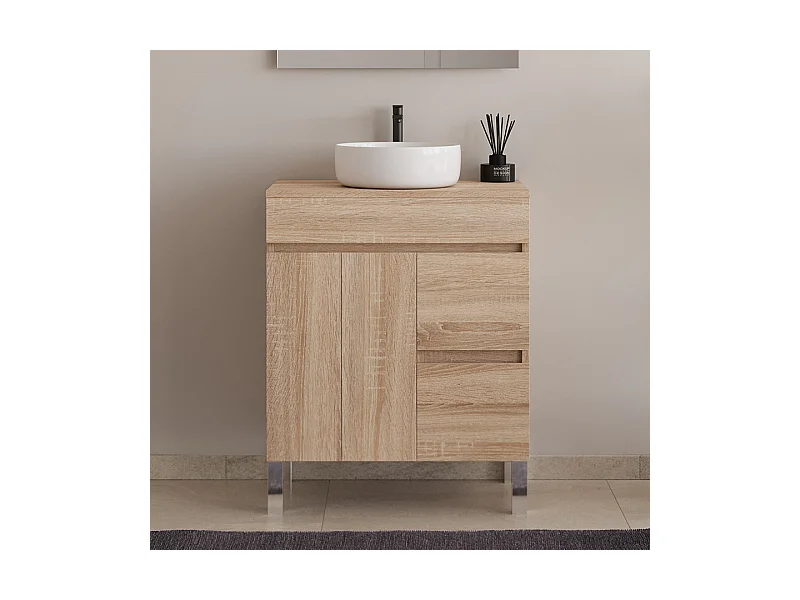 Meuble de salle de bain 80cm sur pieds avec plateau et une cuve à poser ronde - sans miroir - portes et tiroirs - cambrian (chêne clair) - HARO