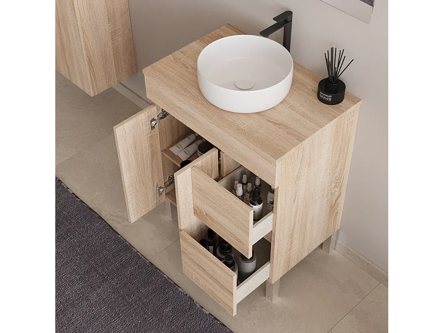 Meuble de salle de bain 80cm sur pieds avec plateau et une cuve à poser ronde - sans miroir - portes et tiroirs - cambrian (chêne clair) - HARO