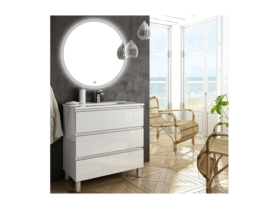 Meuble de salle de bain simple vasque - 3 tiroirs - PALMA et miroir rond Led SOLEN - blanc - 60cm