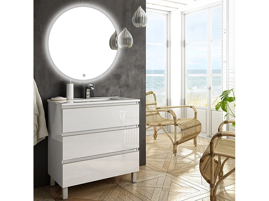 Meuble de salle de bain simple vasque - 3 tiroirs - PALMA et miroir rond Led SOLEN - blanc - 60cm