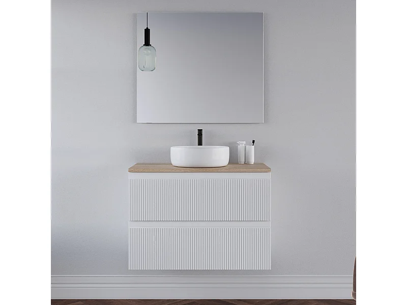 Meuble de salle de bain 80cm avec plateau cambrian et vasque à poser ronde - 2 tiroirs - blanc - RIBERA