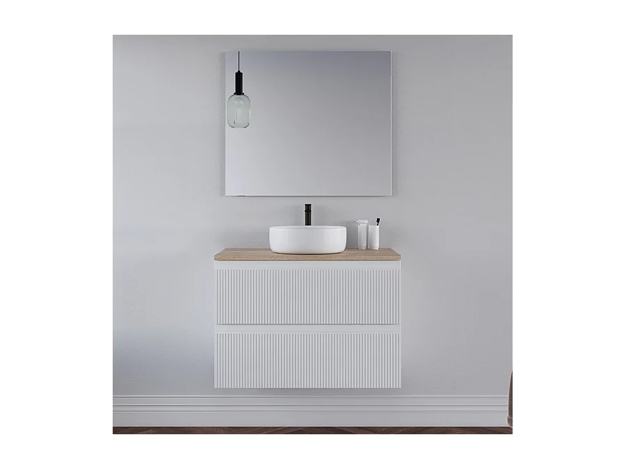 Meuble de salle de bain 80cm avec plateau cambrian et vasque à poser ronde - 2 tiroirs - blanc - RIBERA