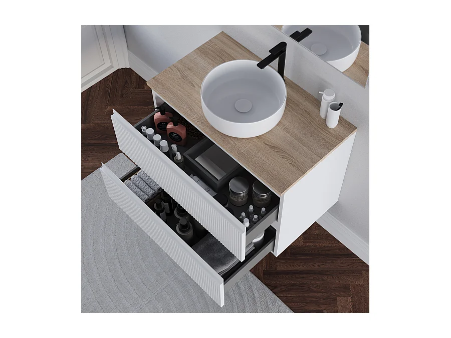 Meuble de salle de bain 80cm avec plateau cambrian et vasque à poser ronde - 2 tiroirs - blanc - RIBERA
