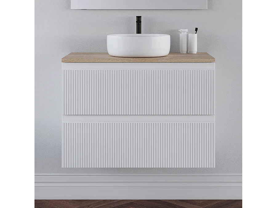Meuble de salle de bain 80cm avec plateau cambrian et vasque à poser ronde - 2 tiroirs - blanc - RIBERA