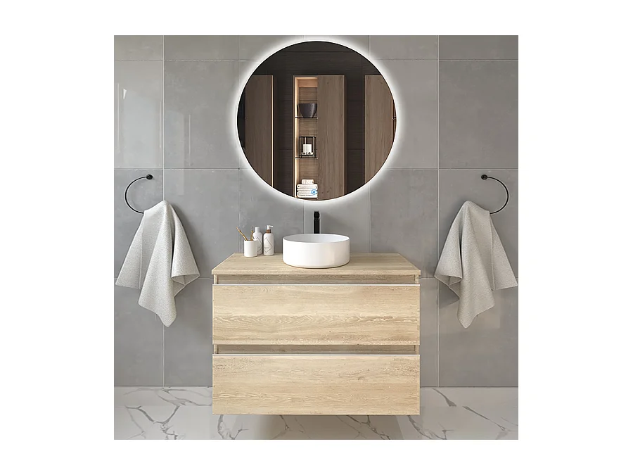 Meuble de salle de bain avec vasque à poser ronde BALEA et miroir rond Led SOLEN - Bambou (chêne clair) - 80cm