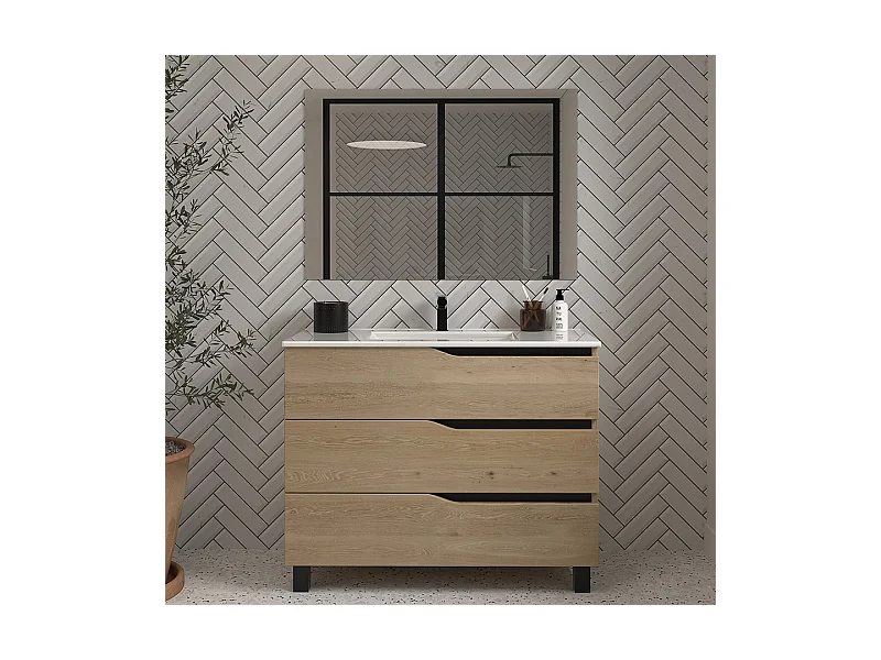 Meuble de salle de bain 90cm simple vasque - 3 tiroirs - madera miel (chêne clair) - MATA