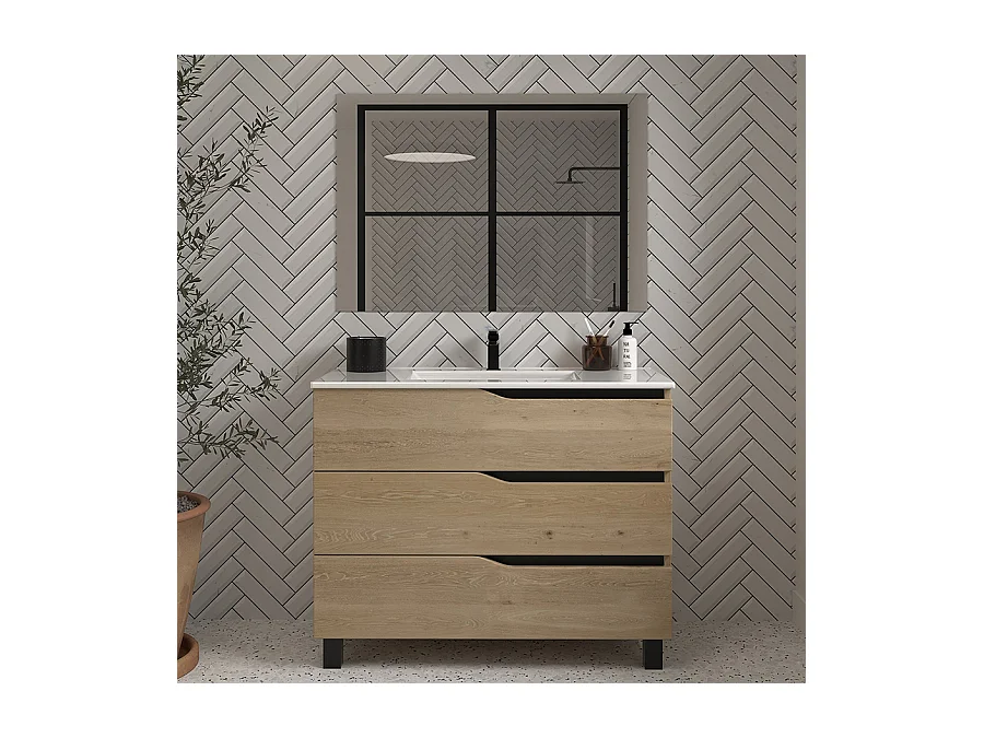 Meuble de salle de bain 90cm simple vasque - 3 tiroirs - madera miel (chêne clair) - MATA