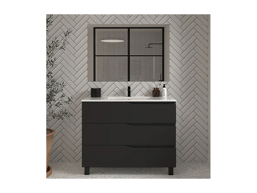 Meuble de salle de bain 100cm simple vasque - 3 tiroirs - noir - MATA
