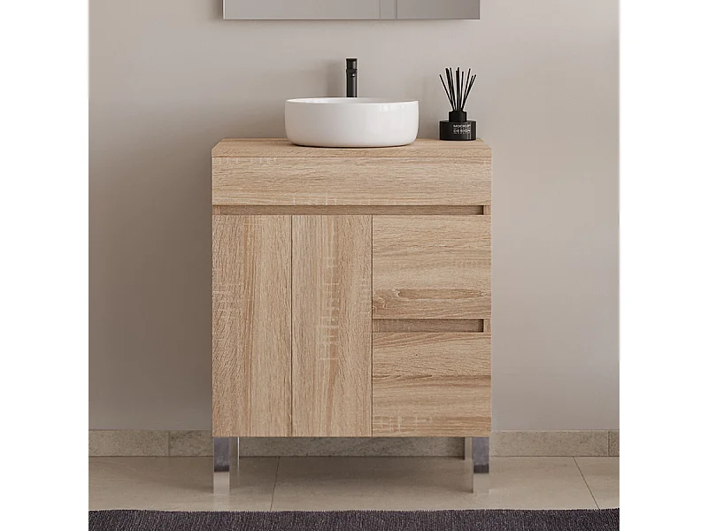 Meuble de salle de bain 70cm sur pieds avec plateau et une cuve à poser ronde - sans miroir - portes et tiroirs - cambrian (chêne clair) - HARO