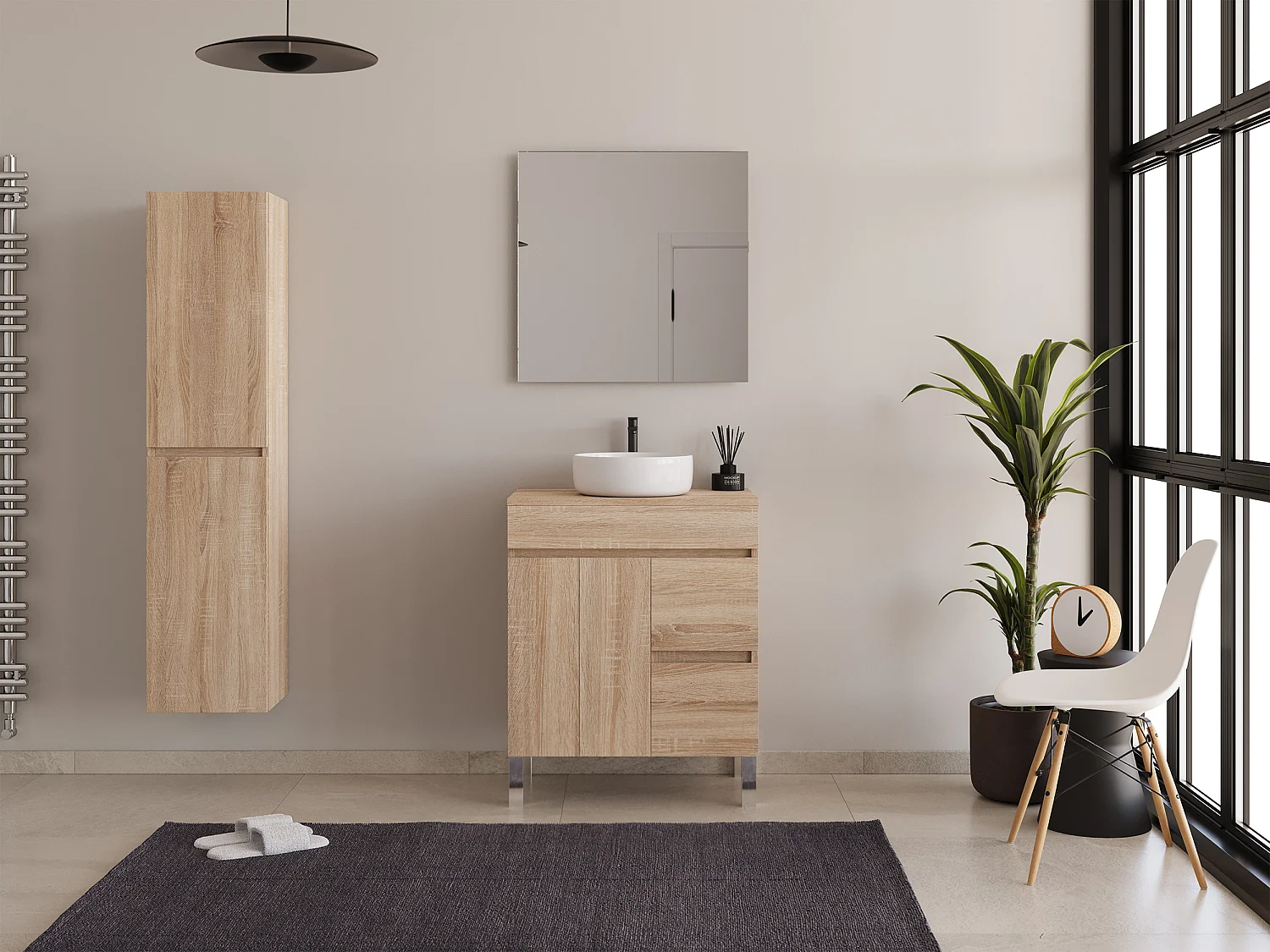 Meuble de salle de bain 70cm sur pieds avec plateau et une cuve à poser ronde - sans miroir - portes et tiroirs - cambrian (chêne clair) - HARO