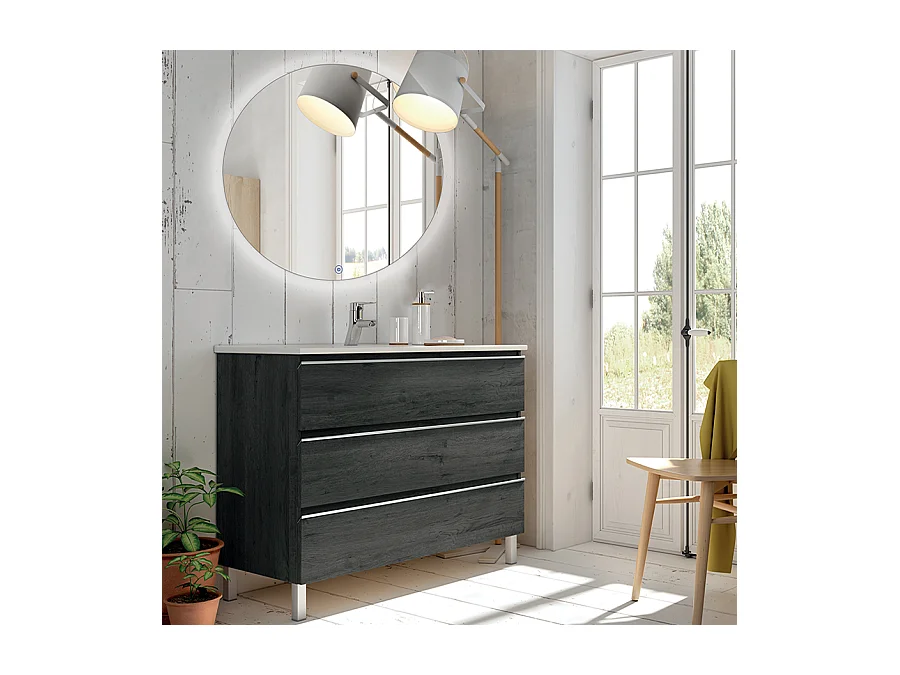 Meuble de salle de bain simple vasque - 3 tiroirs - PALMA et miroir rond Led SOLEN - ebony (bois noir) - 80cm