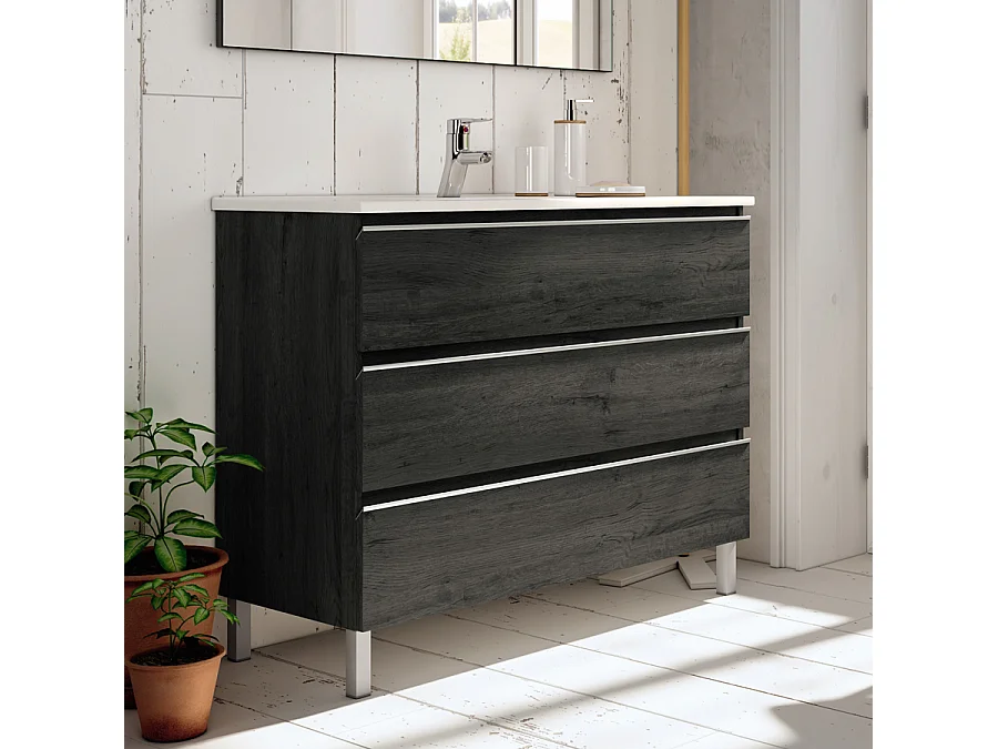 Meuble de salle de bain simple vasque - 3 tiroirs - PALMA et miroir rond Led SOLEN - ebony (bois noir) - 80cm