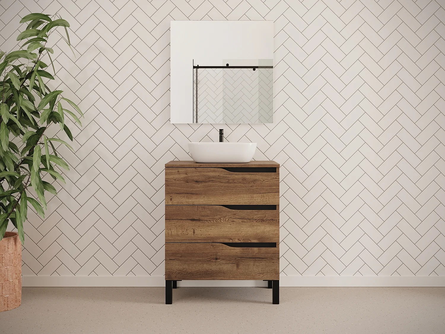 Meuble de salle de bain 60cm avec plateau et vasque à poser zeus - 3 tiroirs - sans miroir - tabaco (chêne foncé) - MATA