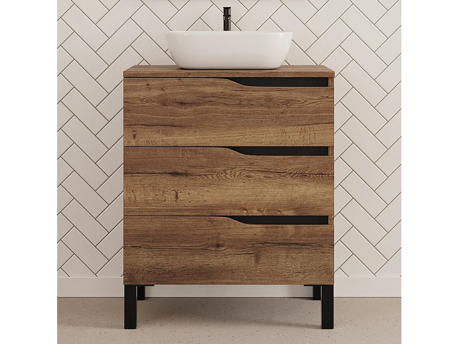 Meuble de salle de bain 60cm avec plateau et vasque à poser zeus - 3 tiroirs - sans miroir - tabaco (chêne foncé) - MATA