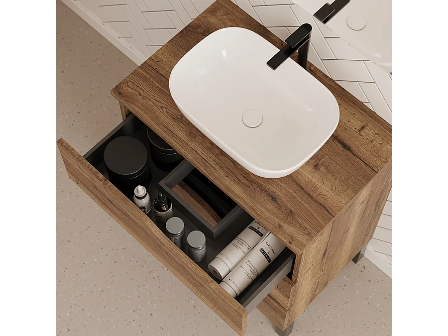 Meuble de salle de bain 60cm avec plateau et vasque à poser zeus - 3 tiroirs - sans miroir - tabaco (chêne foncé) - MATA