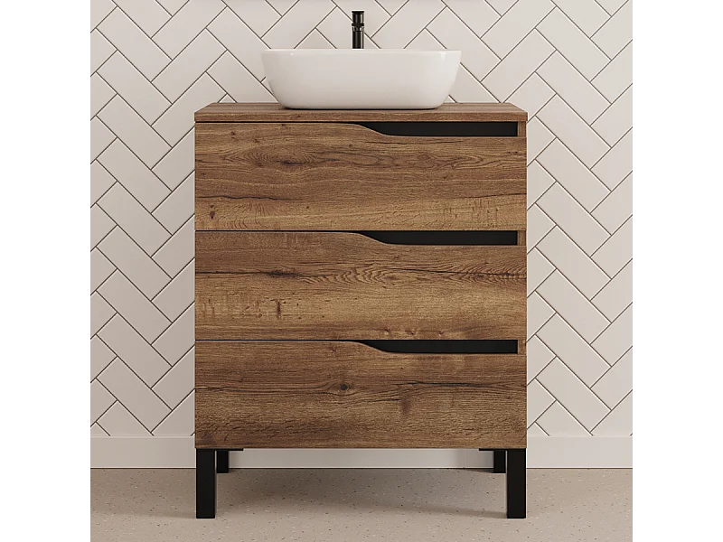 Meuble de salle de bain 60cm avec plateau et vasque à poser zeus - 3 tiroirs - sans miroir - tabaco (chêne foncé) - MATA