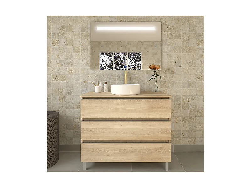 Meuble de salle de bain avec vasque à poser ronde PALMA et miroir Led STAM - Bambou (chêne clair) - 80cm