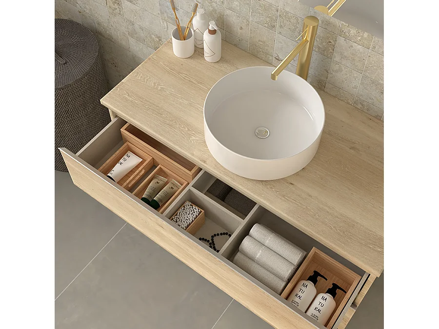 Meuble de salle de bain avec vasque à poser ronde PALMA et miroir Led STAM - Bambou (chêne clair) - 80cm