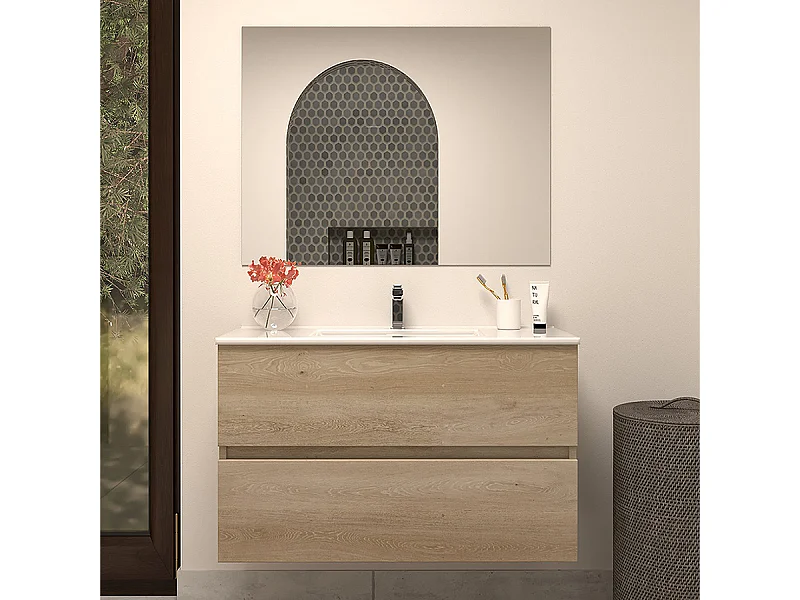 Meuble de salle de bain 80cm simple vasque - 2 tiroirs - nebraska (bois clair) - IDA