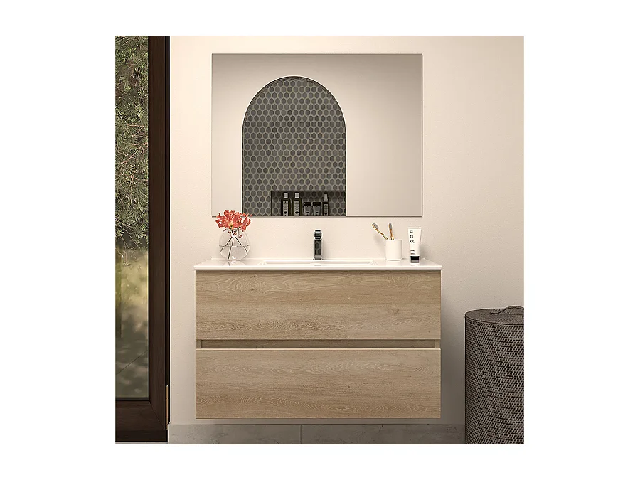 Meuble de salle de bain 80cm simple vasque - 2 tiroirs - nebraska (bois clair) - IDA