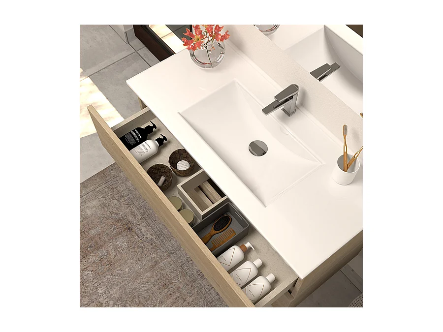 Meuble de salle de bain 80cm simple vasque - 2 tiroirs - nebraska (bois clair) - IDA