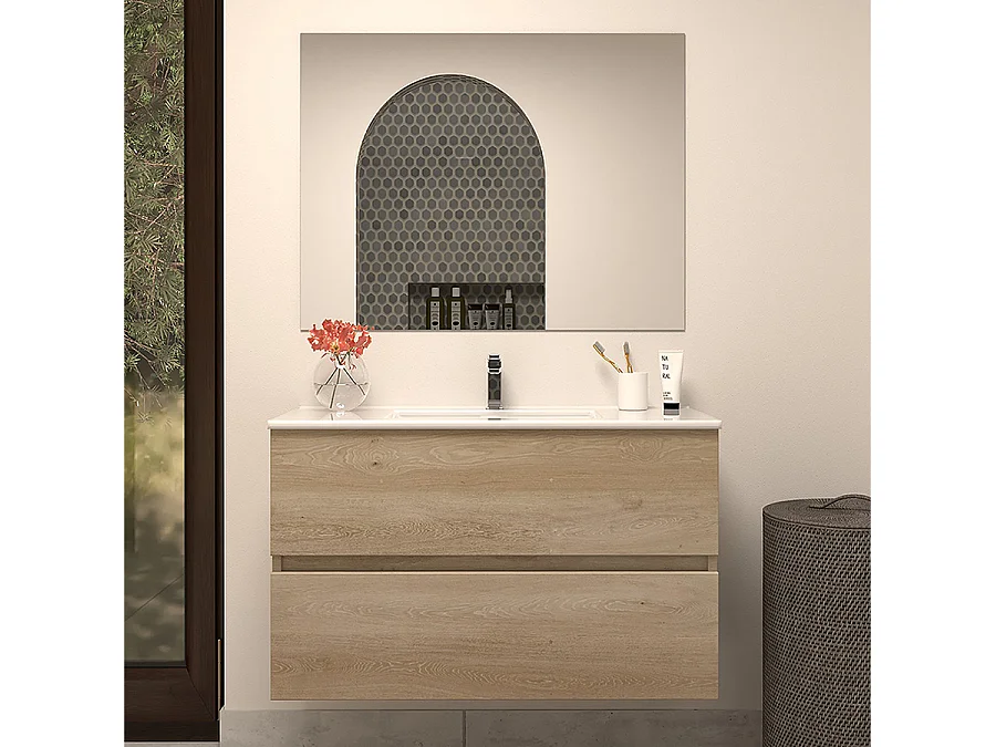Meuble de salle de bain 80cm simple vasque - 2 tiroirs - nebraska (bois clair) - IDA
