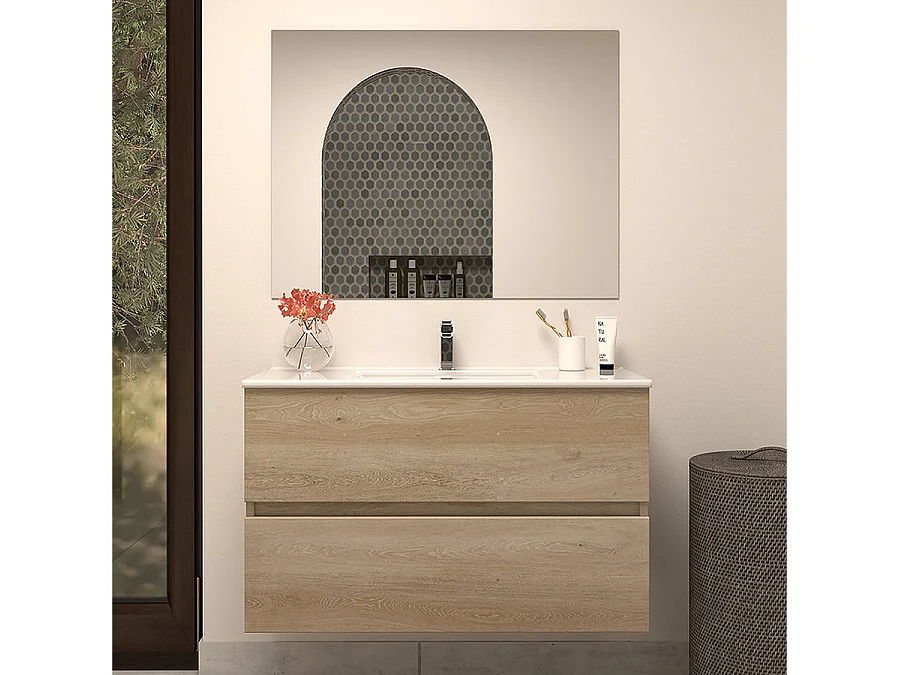 Meuble de salle de bain 80cm simple vasque - 2 tiroirs - nebraska (bois clair) - IDA