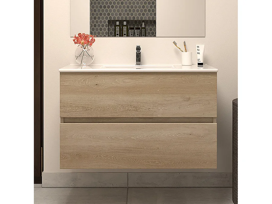 Meuble de salle de bain 80cm simple vasque - 2 tiroirs - nebraska (bois clair) - IDA