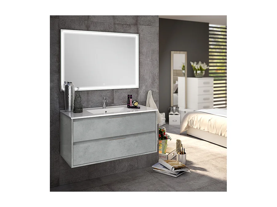 Meuble de salle de bain simple vasque - 2 tiroirs - IRIS et miroir Led VELDI - ciment (gris) - 100cm