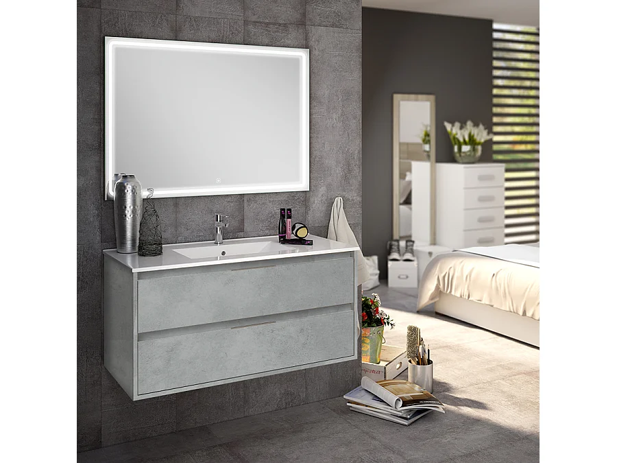 Meuble de salle de bain simple vasque - 2 tiroirs - IRIS et miroir Led VELDI - ciment (gris) - 100cm