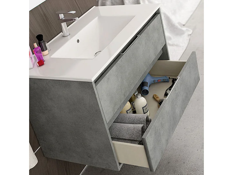 Meuble de salle de bain simple vasque - 2 tiroirs - IRIS et miroir Led VELDI - ciment (gris) - 100cm
