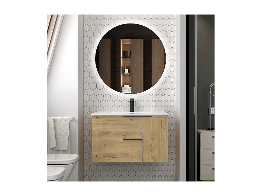 Meuble de salle de bain vasque centrée KING et miroir Led SOLEN - 80cm