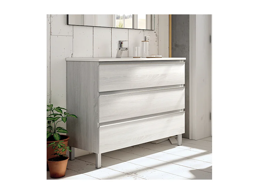 Meuble de salle de bain 80cm simple vasque - 3 tiroirs - sans miroir - PALMA - hibernian (bois blanchi)