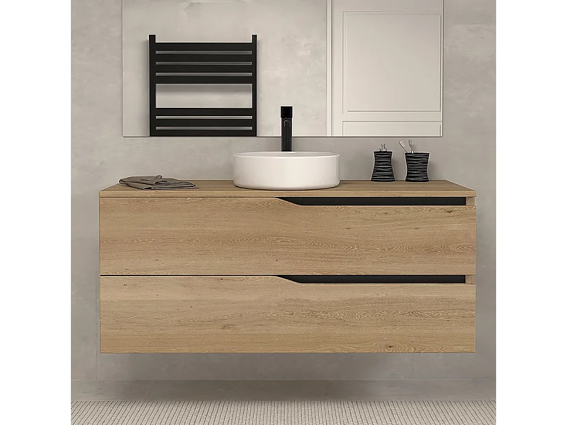Meuble de salle de bain 120 avec plateau et vasque à poser - sans miroir - 2 tiroirs - madera miel (bois clair) - LUNA