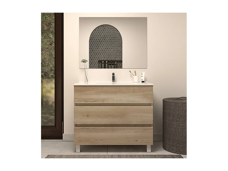 Meuble de salle de bain 80cm simple vasque - 3 tiroirs - nebraska (bois clair) - MAYOR