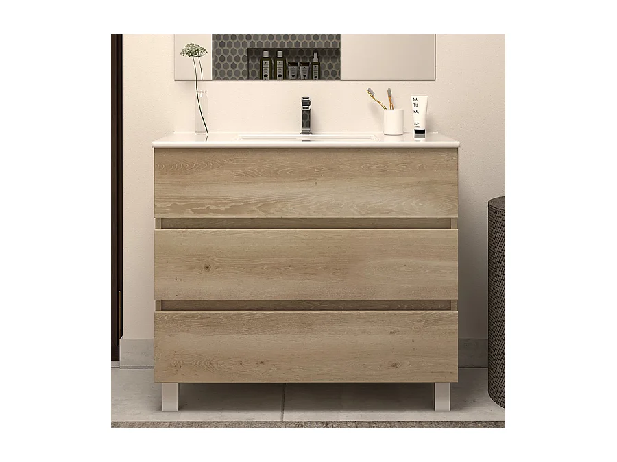 Meuble de salle de bain 80cm simple vasque - 3 tiroirs - nebraska (bois clair) - MAYOR
