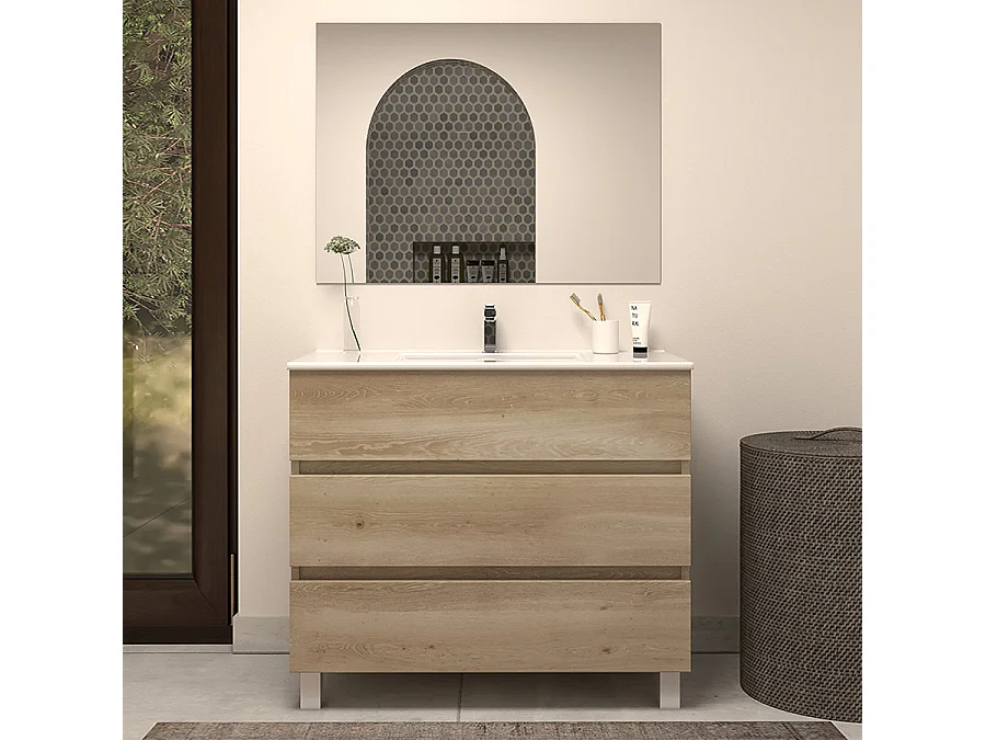 Meuble de salle de bain 80cm simple vasque - 3 tiroirs - nebraska (bois clair) - MAYOR