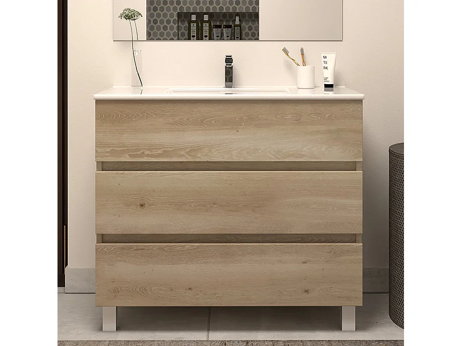 Meuble de salle de bain 80cm simple vasque - 3 tiroirs - nebraska (bois clair) - MAYOR