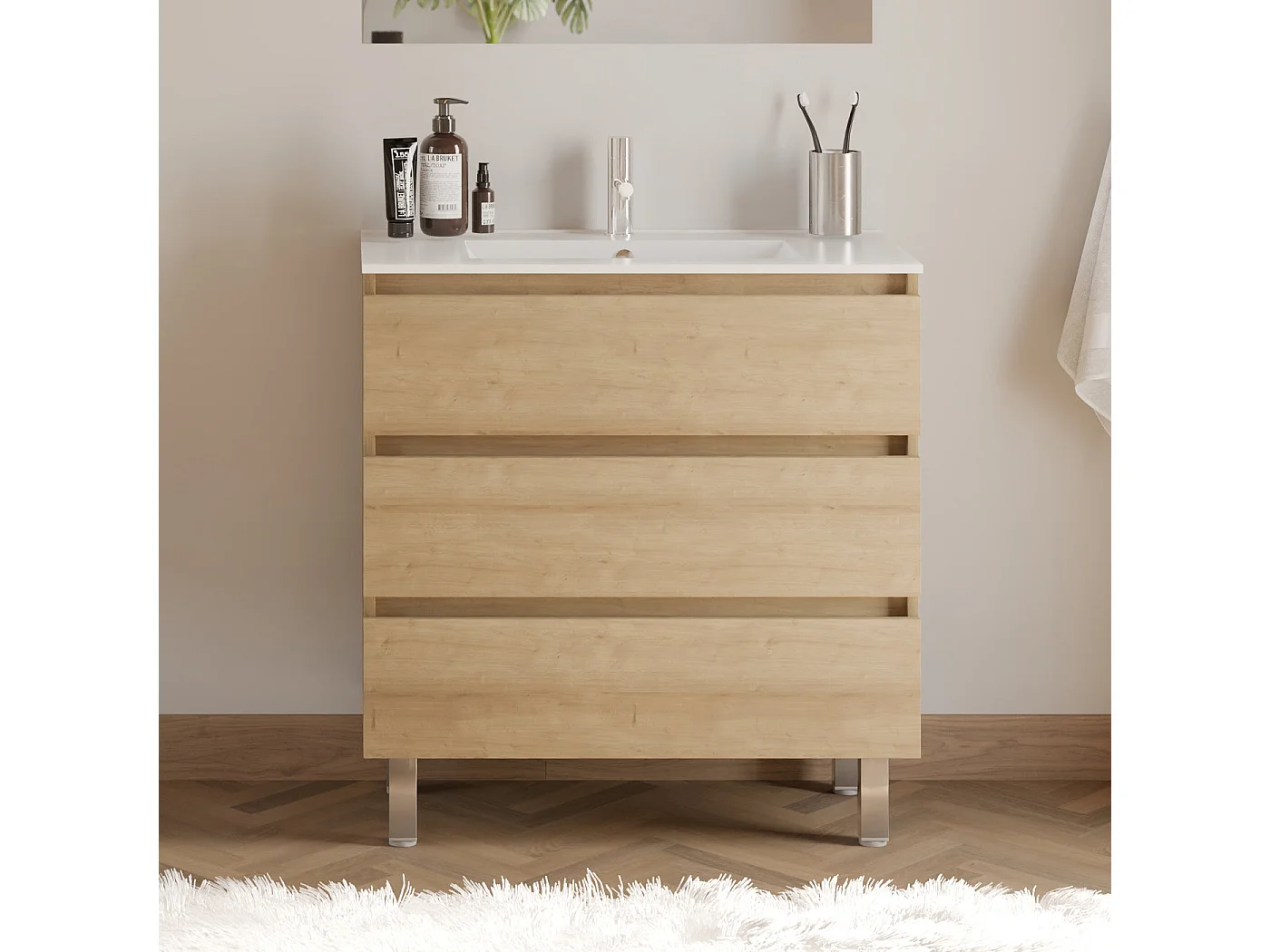Meuble de salle de bain 80cm simple vasque - 3 tiroirs - nebraska (bois clair) - MAYOR