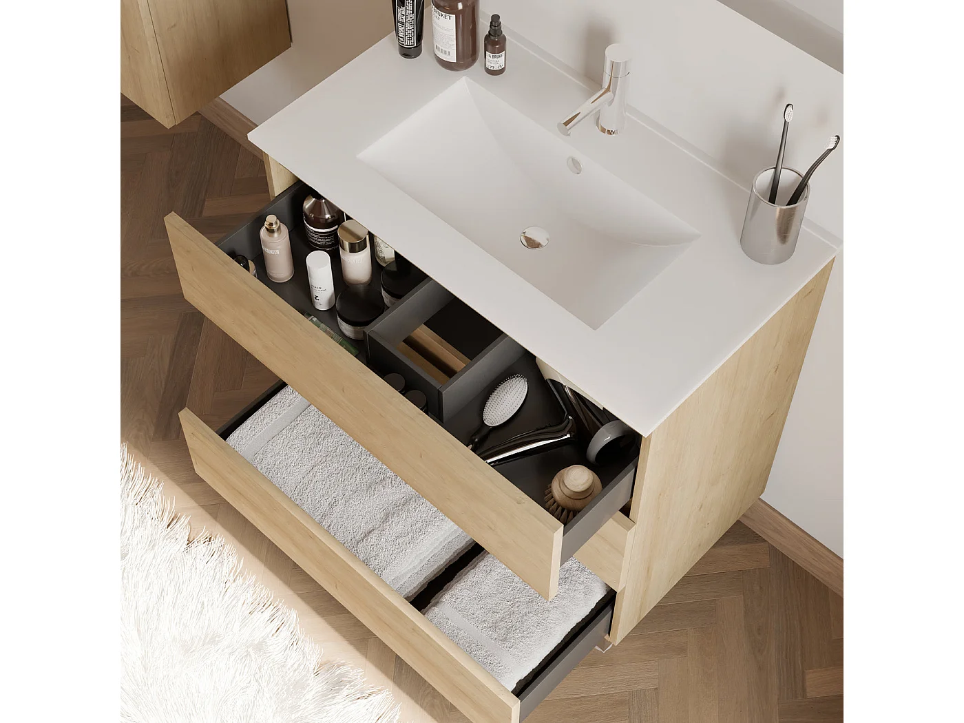 Meuble de salle de bain 80cm simple vasque - 3 tiroirs - nebraska (bois clair) - MAYOR
