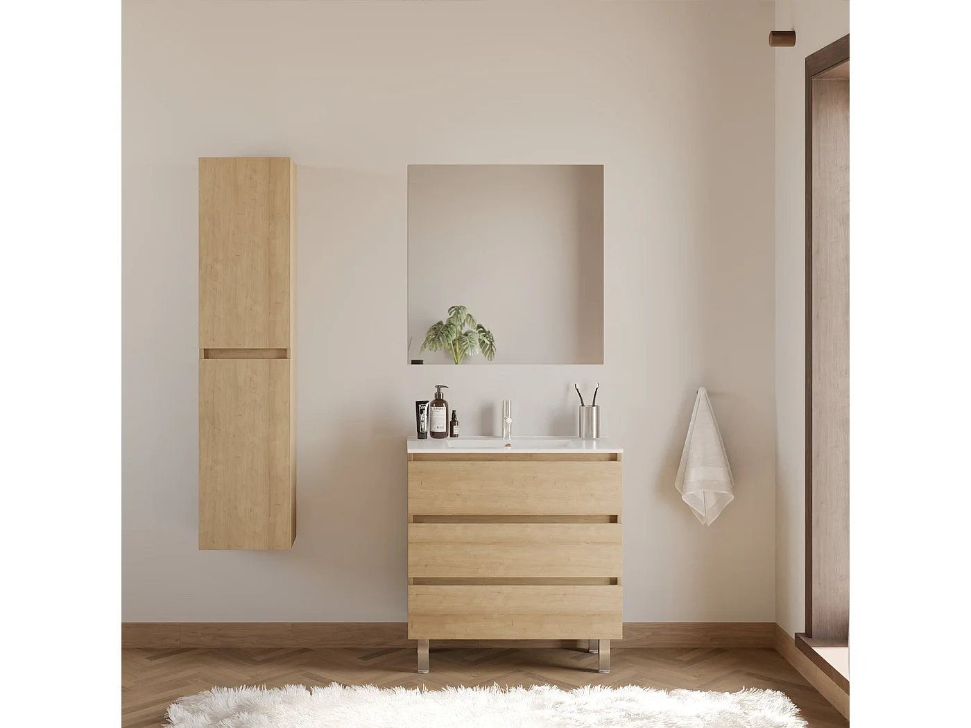 Meuble de salle de bain 80cm simple vasque - 3 tiroirs - nebraska (bois clair) - MAYOR