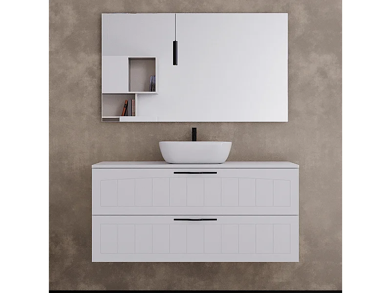 Meuble de salle de bain 120cm avec plateau et vasque à poser ovale - 2 tiroirs - blanc - PIA