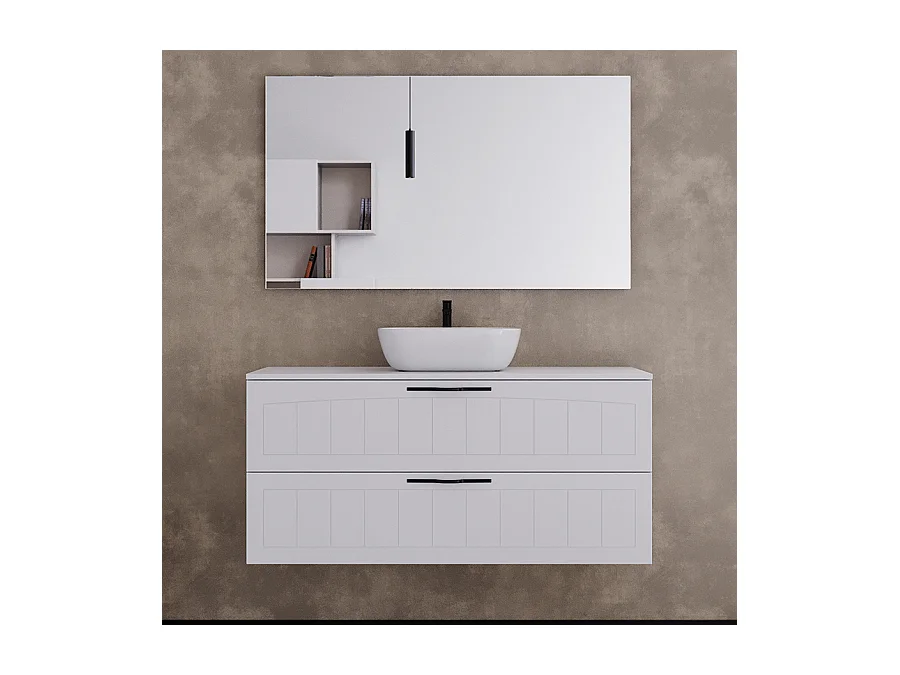 Meuble de salle de bain 120cm avec plateau et vasque à poser ovale - 2 tiroirs - blanc - PIA