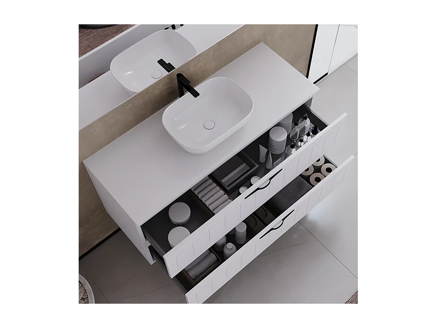 Meuble de salle de bain 120cm avec plateau et vasque à poser ovale - 2 tiroirs - blanc - PIA