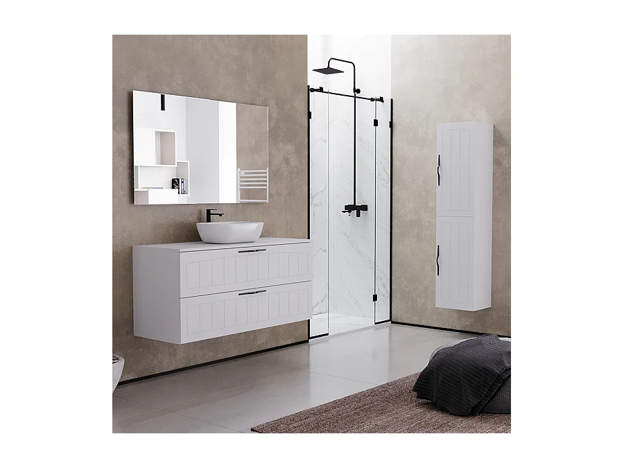 Meuble de salle de bain 120cm avec plateau et vasque à poser ovale - 2 tiroirs - blanc - PIA