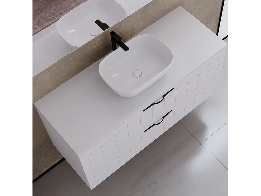 Meuble de salle de bain 120cm avec plateau et vasque à poser ovale - 2 tiroirs - blanc - PIA