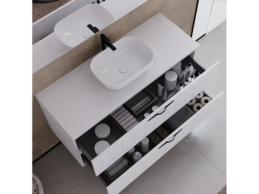 Meuble de salle de bain 120cm avec plateau et vasque à poser ovale - 2 tiroirs - blanc - PIA