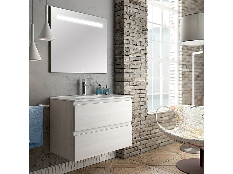Meuble de salle de bain simple vasque - 2 tiroirs - BALEA et miroir Led STAM - hibernian (bois blanchi) - 80cm